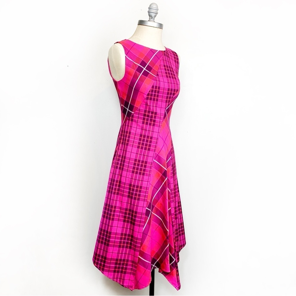 NWT Trina Turk Pink Plaid Asymmetrical Dress Fully Lined $358